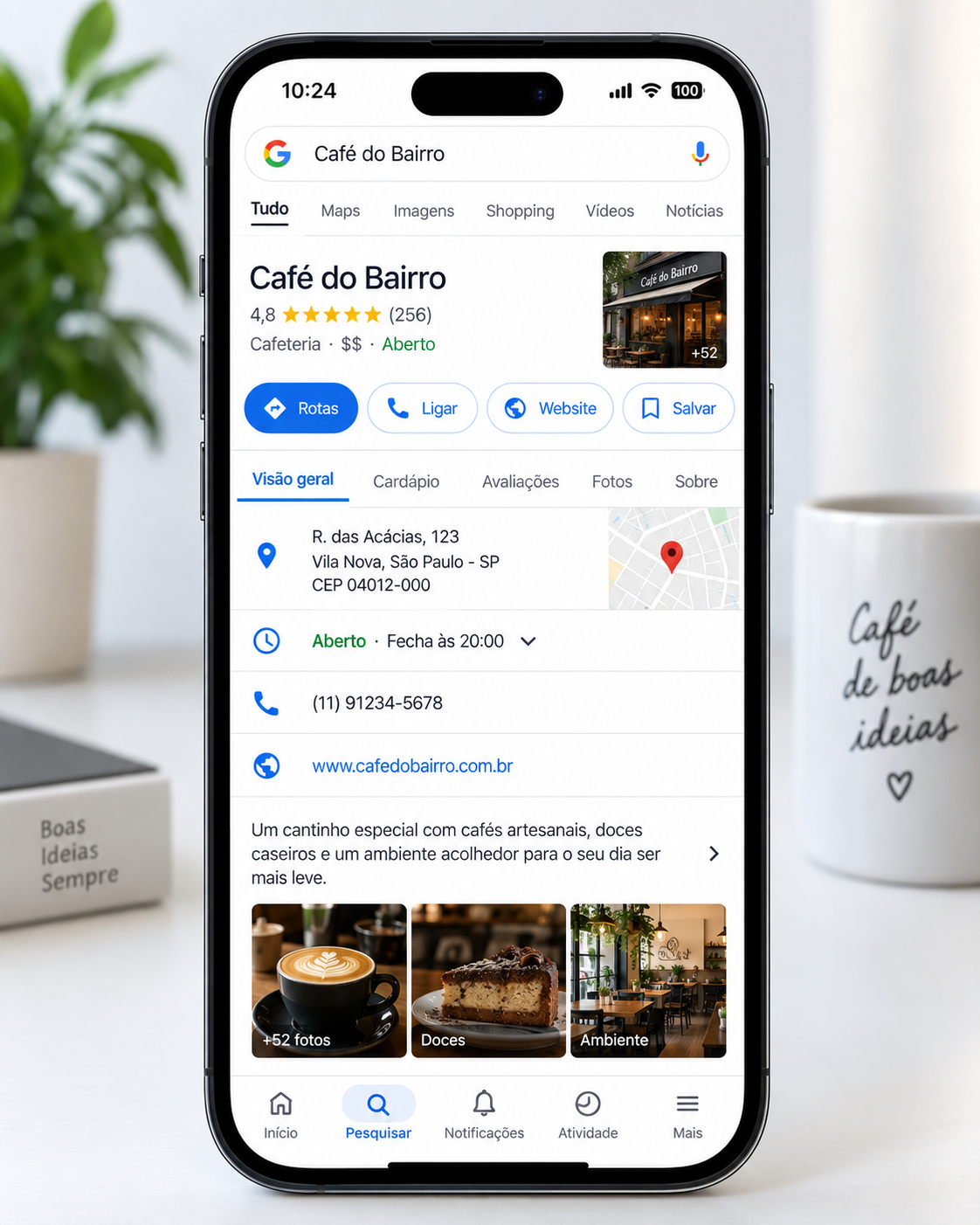 Perfil do Google Business Profile aberto no celular, bem posicionado no Google